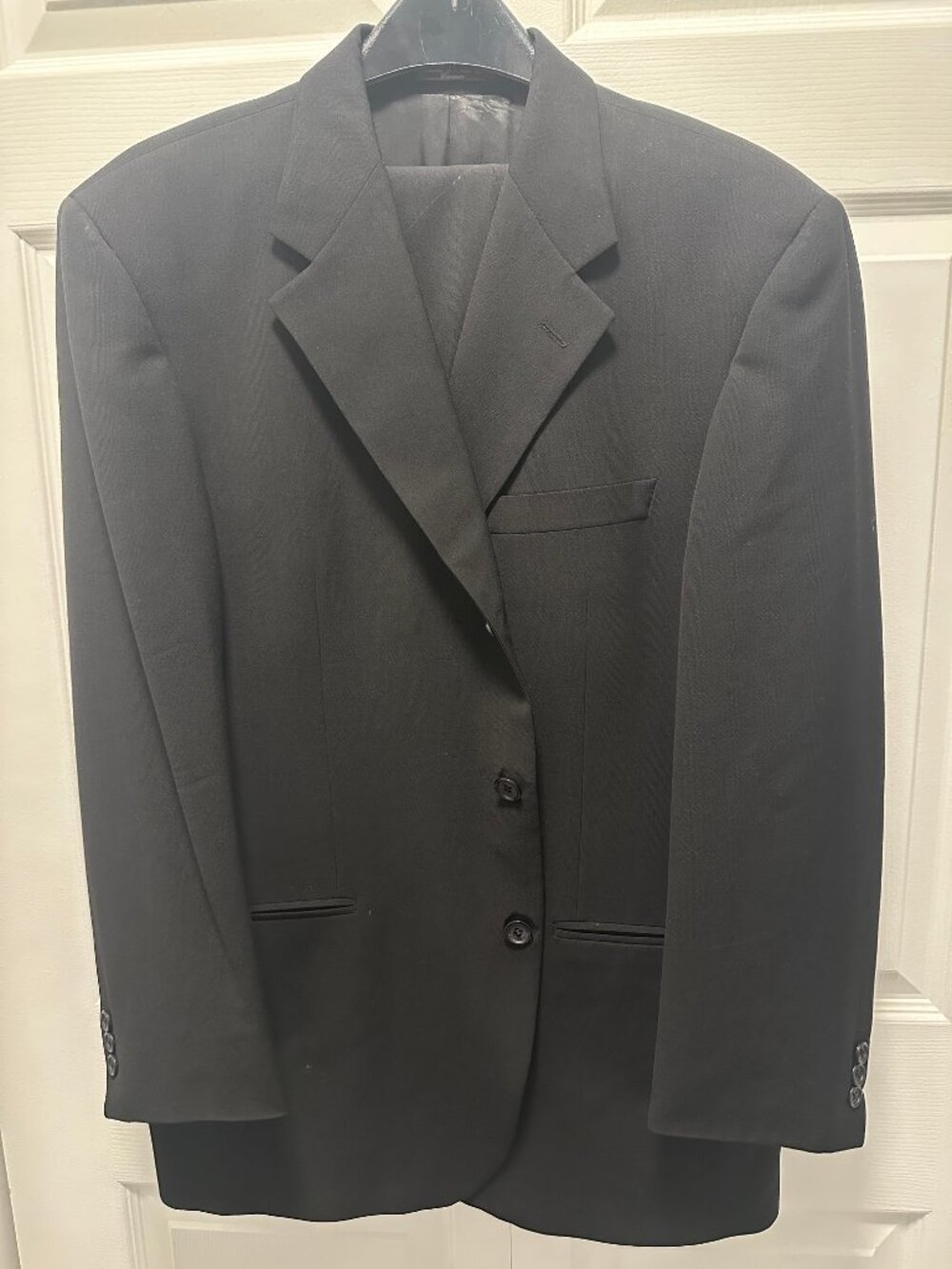 42 R-black two piece 100 virgin wool, very light for summer wear-drapes nice